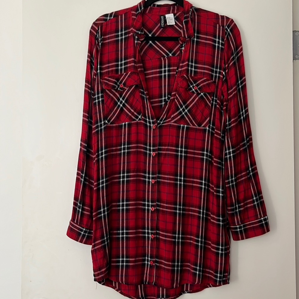 H & M red plaid flannel shirt dress size 2/32